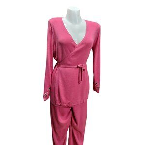 Diane Von Furstenberg Silk Assets Sweater Knit Pants Cardigan Set Pink L